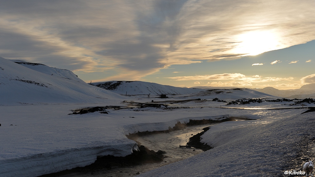 Ein eisfreier Fluss windet sich durch ein schneebedecktes Tal. Dampf steigt von der Wasseroberfläche auf. Die Sonne im Gegenlicht taucht die Landschaft in einen goldenen Schein.