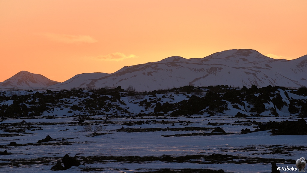 Hinter einem verschneiten Lavahügel ist eine Bergkette. Der Himmel darüber leuchtet in orange.