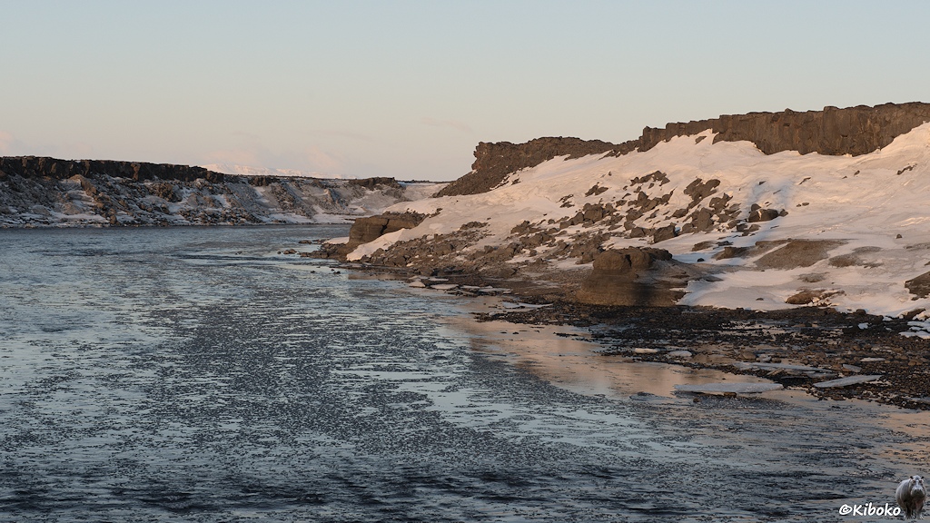 Ein breite Fluss mit kleinen Eisschollen fließt durch eine Schlucht.