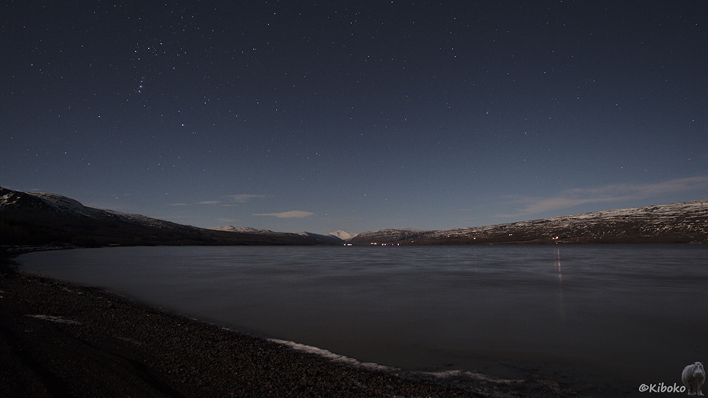 Nachtaufnahme eines Sees unter Sternenhimmel.