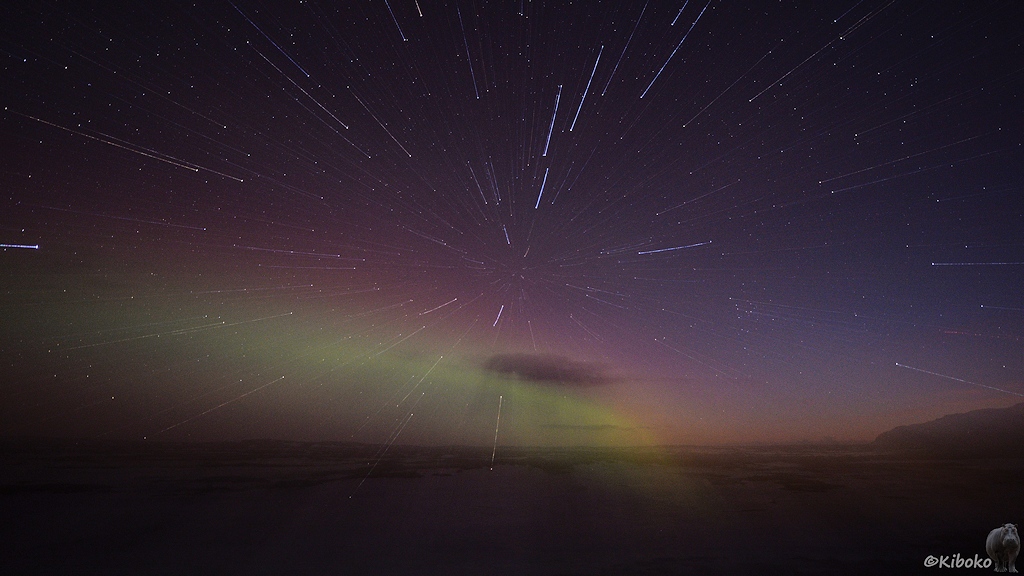 Ein gelbgrünes Band mit rosaroten Rändern leuchtet über einen dunkelvioletten Nachthimmel. Durch eine Brennweitenveränderung bilden die Sterne Streifen.