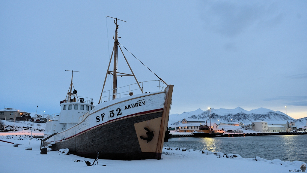 Das Bild zeigt ein altes Fischfangschiff aus Holz. Das Schiff hat einen braunen Rumpf und weiße Aufbauten. Es steht neben einem Hafenbecken auf verschneiten Boden. Eine kleine Holztreppe führt auf das Schiff.