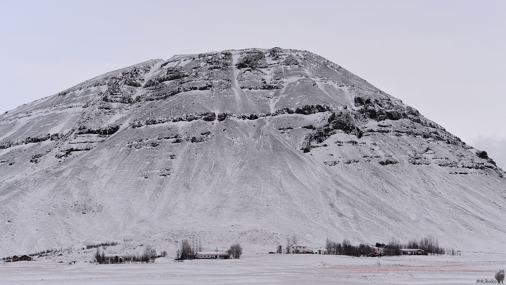 Das Bild zeigt einen verschneiten Berg. Am Fuß des Berges sind mehrere Häuser und Gehöfte. Um den Häusern stehen Bäume.