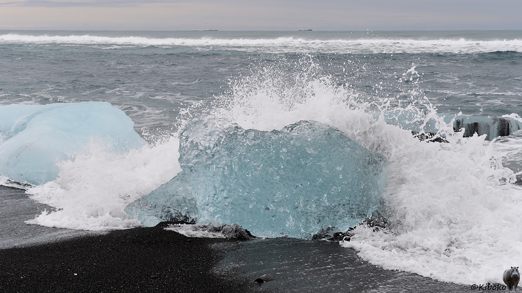 Das Bild zeigt eine Welle die auf dem schwarzen Strand auf einen hellblauen Eisblock trifft. Das Wasser spritzt.