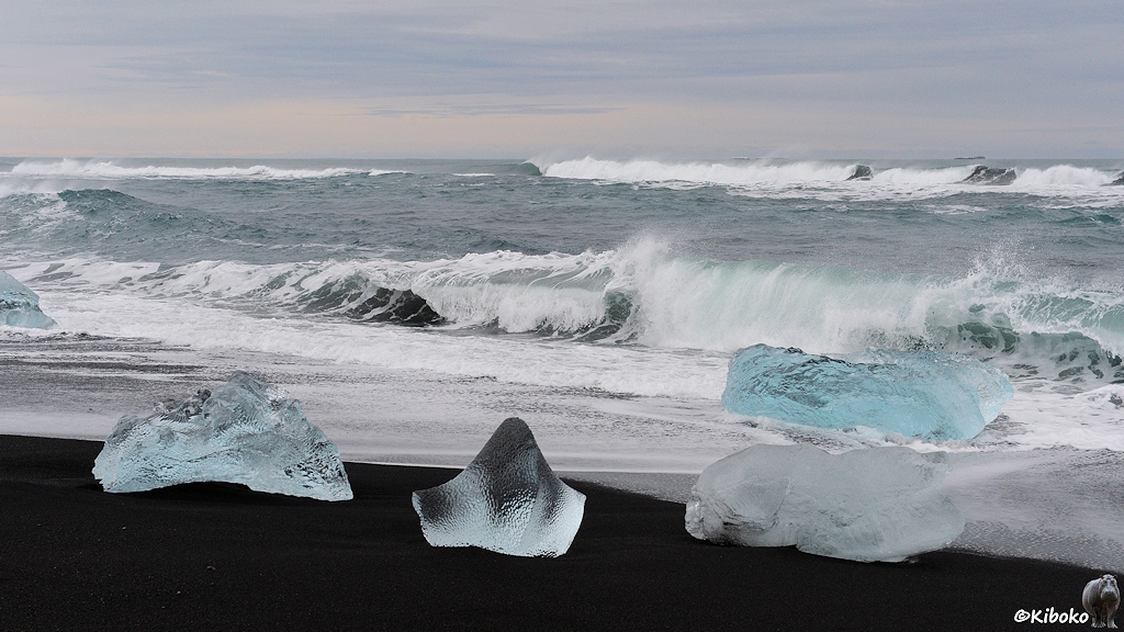 Das Bild zeigt vier Eisblöcke am Strand und in der Brandung. Die nächste Welle läuft auf die Eisblöcke zu.
