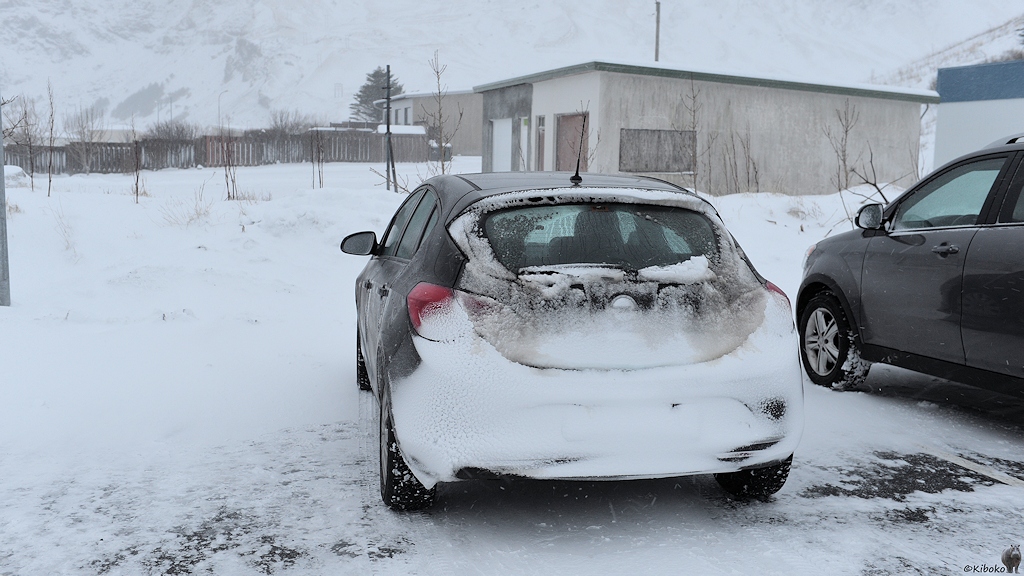 Das Bild zeigt einen schwarzen Kleinwagen von hinten. Das Heck ist komplett mit Schnee bedeckt. Das Nummernschild ist nicht mehr zu erkennen.