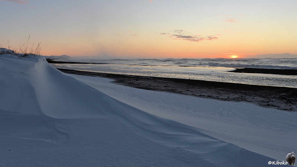 Das Bild zeigt einen schwarzen Strand bei Sonnenaufgang. Das Meer ist aufgewühlt. Im Vordergrund ist eine Schneewehe, der einen hellen Sanddüne ähnlich sieht.
