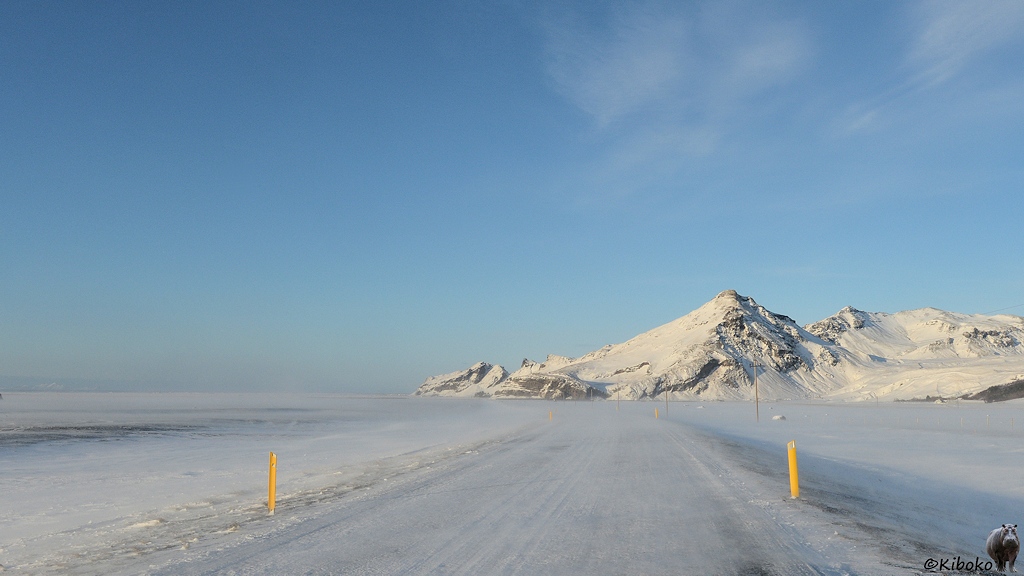Das Bild zeigt eine verschneite Straße in einer verschneiten Ebene bei Sonnenschein. Im Hintergrund sind verschneite Berge.