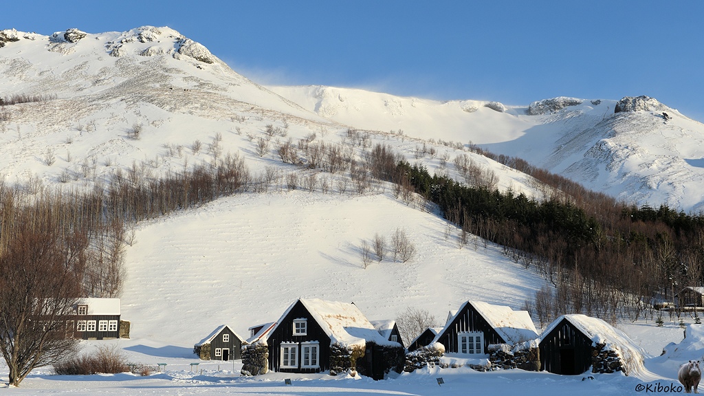 Das Bild zeigt kleine braune Holzhäuser, die mit Schnee bedeckt sind vor einen Berg.