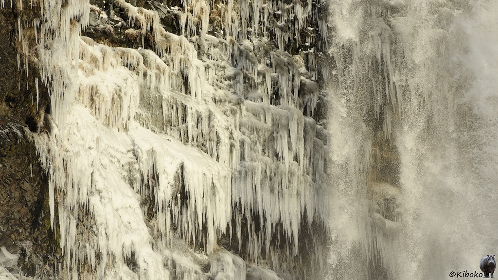 Das Bild zeigt eine Detailaufnahme vom Wasserfall. Auf der linken Seite sind zahlreiche Eiszapfen an einer Felswand. Auf der rechten Seite stürzt das Wasser in die Tiefe.