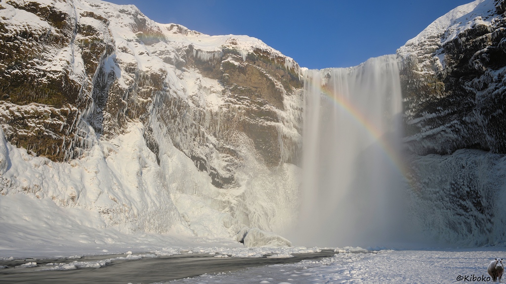 Das Bild zeigt den Wasserfall mit Regenbogen zwischen den Felswänden. Unten links im Bild ist der Fluss Skógá.