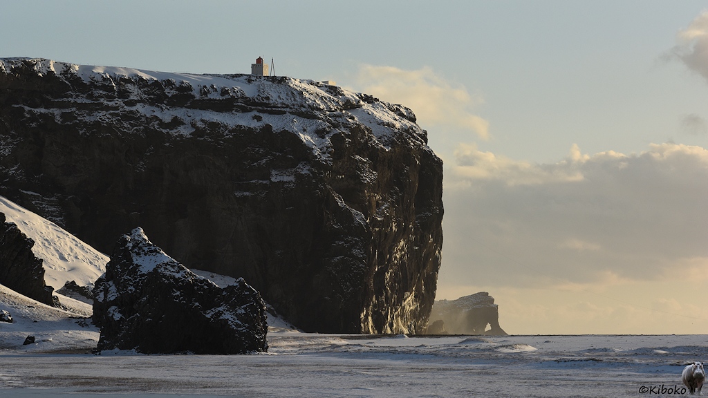 Das Bild zeigt eine Kap mit einer Steilwand aus schwarzem Gestein. Auf dem Kap steht ein kleiner viereckiger Leuchtturm. Im Hintergrund ist ein weiteres Kap mit einem Felsentor.