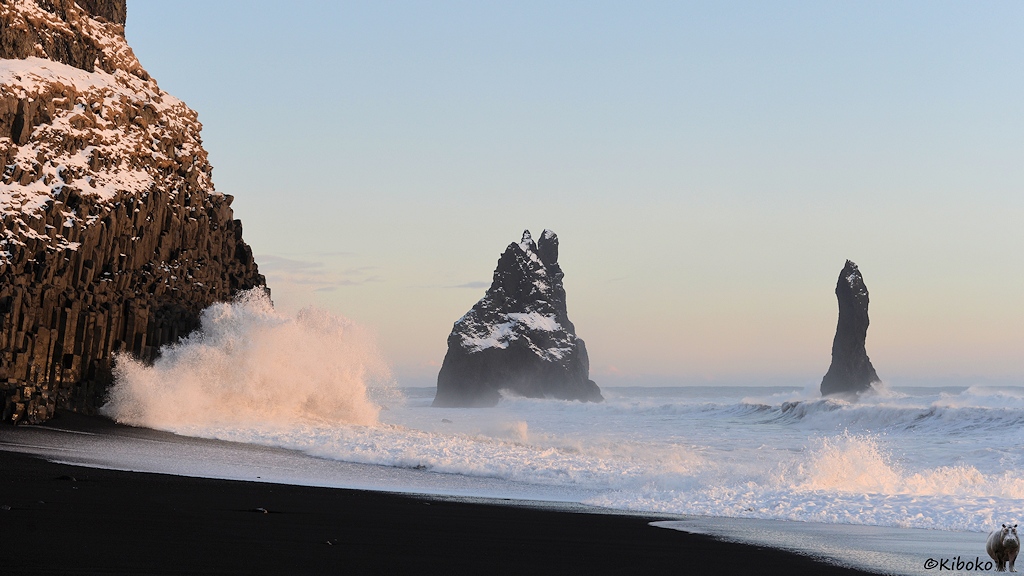 Das Bild zeigt einen Fels aus Basaltsäulen an einen schwarzen Sandstrand. Eine große Welle haut mit Wucht gegen die Basaltsäulen. Das Wasser spitzt mehrere Meter hoch. Zwei Felsnadeln stehen in der schäumenden See vor dem Kap.