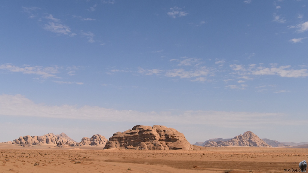 Beigefarbener Sandsteinfelsen in der Wüstenlandschaft mit weiteren Felsen im Hintergrund
