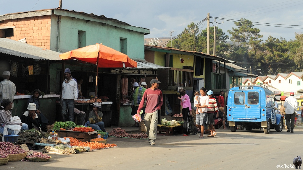 Marktstände mit Zwiebeln, Karotten, Tomaten sind am Straßenrand. Dahinter steht eine blaue Kastenente.