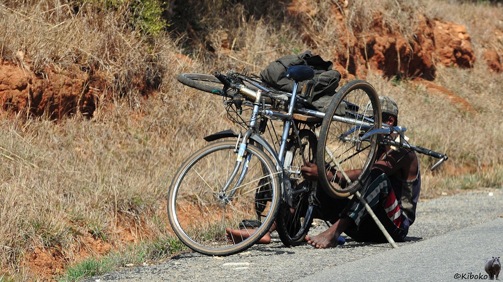 Das Bild zeigt ein Fahrrad am Straßenrand, dass mit einem langen Knüppel gegen Umfallen gesichert ist. Auf dem Gepäckträger liegt quer ein weiteres Fahrrad. Der Radfahrer sitzt hinter dem Hinterras auf dem Boden und werkelt am Fahrrad.