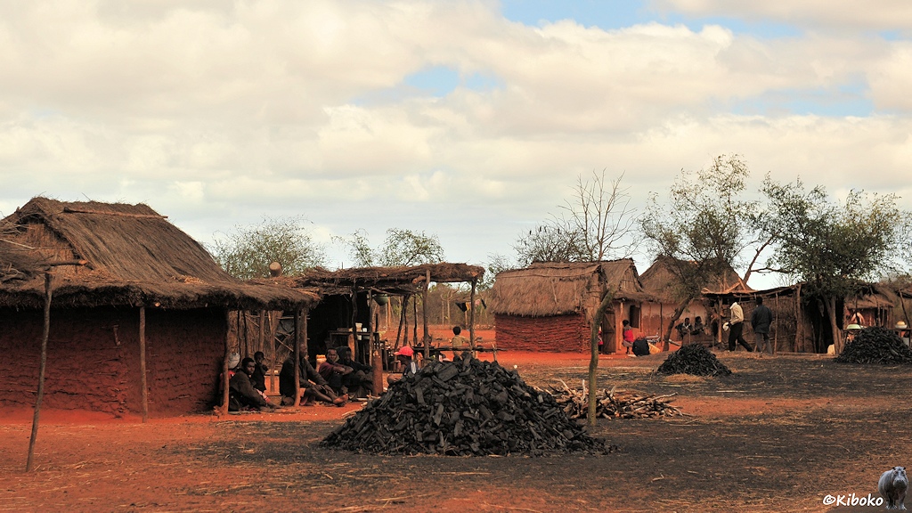 Das Bild zeigt einen Haufen Holzkohle vor einer rotbraunen Lehmhütte mit Strohdach. Im Hintergrund sind weitere Lehmhütten mit Holzkohlehaufen vor der Tür.