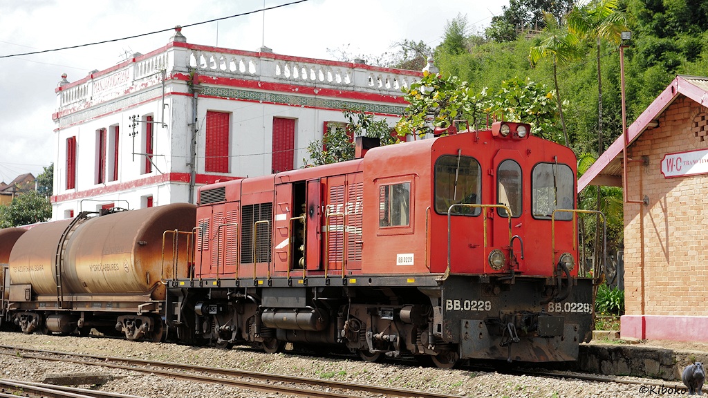 Eine rote, vierachsige Diesellok steht mit breitem Führerstand voraus in einem Bahnhof.