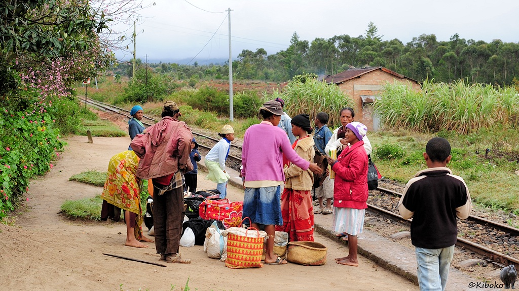 Das Bild zeigt eine Gruppe von 12 Personen mit vielen Taschen und Körben auf einem sandigen Bahnsteig. Im Hintergrund verläuft das einzige Gleis im Bahnhof.