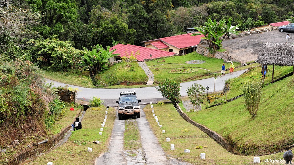 Das Bild zeigt einen grünen Geländewagen auf einen steilen Fahrweg. Der Fahrweg ist mit weißen Steinen und gemauerten Abwasserkanälen eingefasst. Im Hintergrund verläuft die geteerte Straße.