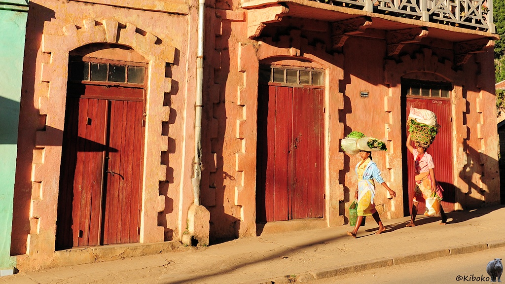 Das Bild zeigt zwei Frauen die an einer Straße bergablaufen. Sie laufen an einem rosaroten Steinhaus mit hohen roten Holztüren vorbei und tragen Tüten und Körbe mit Gemüse auf dem Kopf.