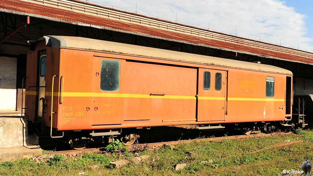 Das Bild zeigt einen orangeroten Personenwagen mti gelben Streifen. Der Wagen hat an der Seite zwei Schiebetüren und nur wenige Fenster. Er steht vor einem großen Güterschuppen mit rostrotem Wellbelchdach.