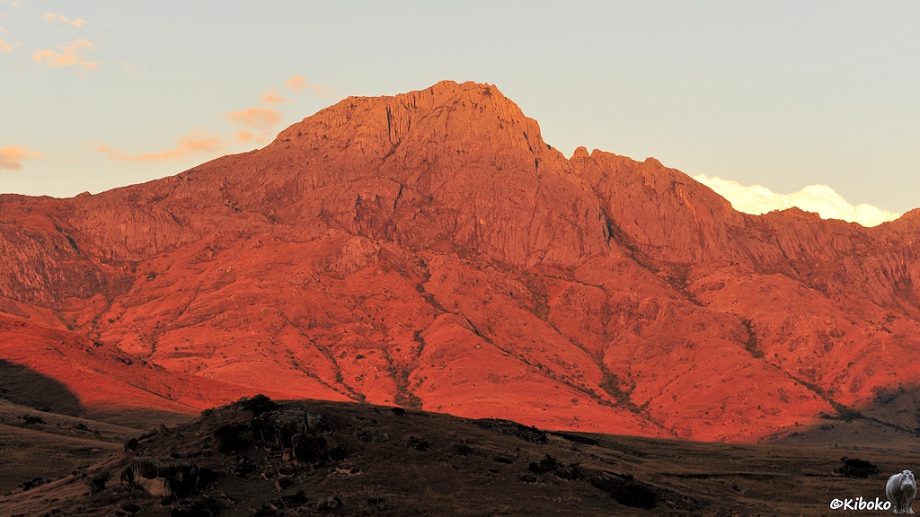 Das Bild zeigt einen hohen Berg mit einer Felsspitze im roten Abendlicht. Das Tal davor ist bereits im Schatten.