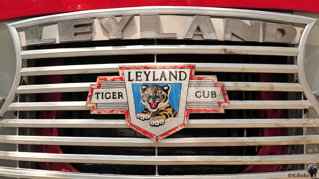Das Bild zeigt einen Ausschnitt vom Kühlergrill eines alten Busses. Am oberen Rand ist in einen leitchen Bogen die Schrift: Leyland. In der Mitte ist ein gezacktes Schild mit rotem Rand und einen Tigerbaby auf blauem Grund mit der Aufschrift: Leyland Tiger Cub.