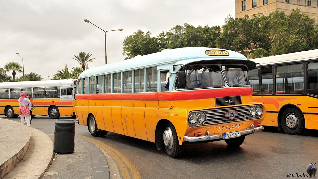 Das Bild zeigt einen gelben Bus mit hellblauen Dach, doppelten Fenster und roten Zierstreifen in einer Kurve. Die Doppelscheinwerfer sind im Kühlergrill eingefasst.