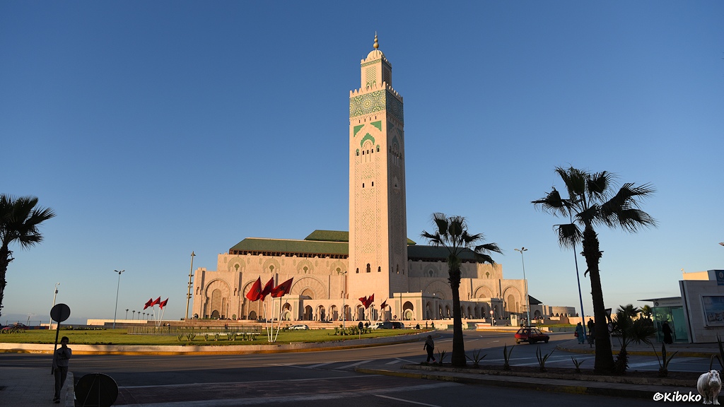 Das Bild zeigt eine Moschee mit hellen Sandstein. Vor dem Hauptgebäude steht ein viereckiger Turm. Davor ist ein großer Kreisverkehr mit Grasfläche. Darauf stehen in Dreiergruppen rote Fahnen.