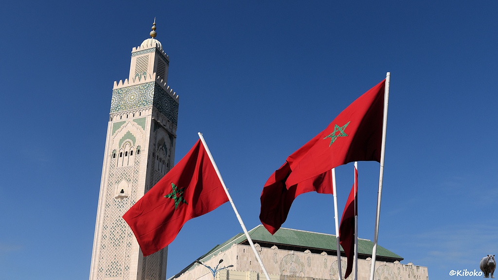 Das Bild zeigt eine Weitwinkelaufnahme mit dem vierecken Turm und dem Dach der Moschee. Im Vordergrund sind 4 dunkelrote Fahnen mit einem grünen, fünfeckigen Stern, die an roten Fahnenstangen wehen.