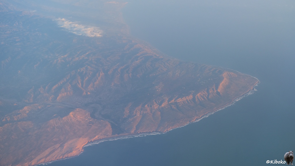 Das Bild zeigt eine Luftaufnahme von einen Felsvorsprung an der Küste im Abendlicht. Die Wellen brechen sich an der Küste.