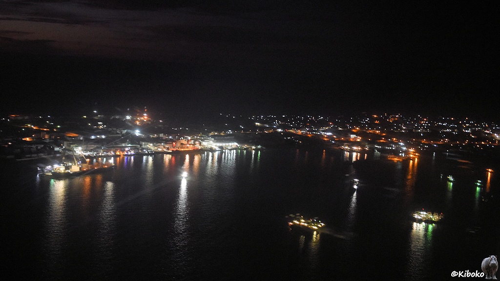 Das Bild zeigt eine Luftaufnahme einer Hafenstadt bei Nacht. Im Vordergrund sind die Lichter von Schiffen. Am linken Bildbereich ist ein hell beleuchteter Hafen. Die Lichter spiegeln sich im Wasser. Dahinter sind einzelne Lichter einer Stadt.