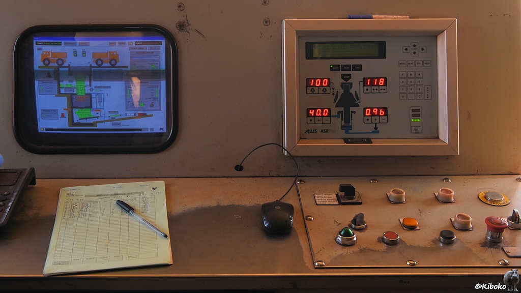 Blick in den Leitstand, links ist ein Monitor mit einer graphischen Anzeige der einzelnen Funktionen, rechts sind 4 LED Anzeigen und davor ein PUlt mit 12 Schaltern und Warnleuchten.
