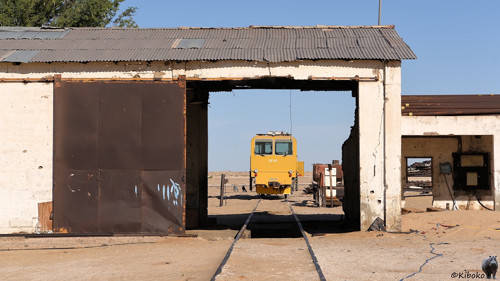 Das Bild zeigt ein Gleis durch einen weißen Schuppen mit Wellblechdach. Die verrosteten Schiebetore sind auf beiden Seiten offen. Hinter dem Gebäude steht ein gelbes Arbeitsfahrzeug auf den Gleis.