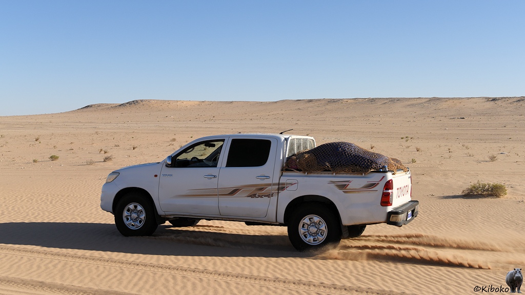 Das Bild zeigt einen weißen Geländewagen mit Ladefläche von der Seite bei der Fahrt durch die Wüste. Der Sand fliegt hinter dem Auto hoch. Im Hintergrund ist weitläufige Wüst mit einer kleinen Erhebung.