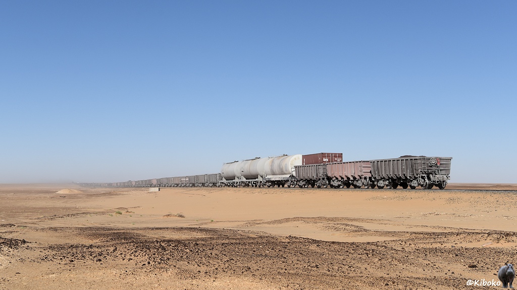 Das Bild zeigt einen Erzzug von hinten. Am Schluss sind drei hellgraue Kesselwagen, ein Erzwagen mit einem braunen Container und zwei weitere Erzwagen eingestellt. Der Zuganfang ist in der Weite der Wüste nicht mehr zu erkennen.
