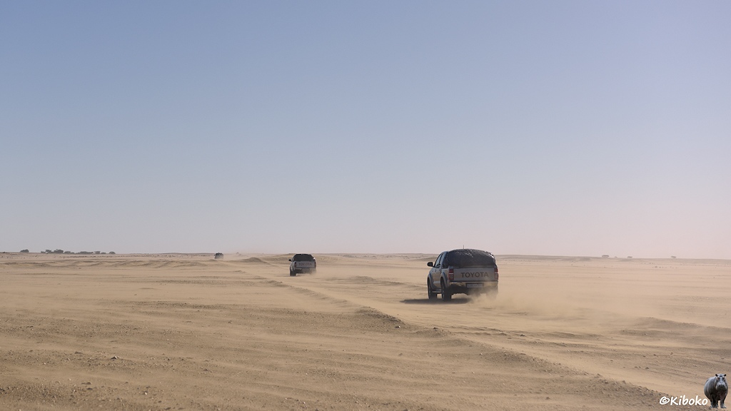Das Bild zeigt drei Geländewagen die auf einer angedeuteten geraden Piste durch eine ebene Wüste fahren. Die Wagen wirbeln Staub auf.