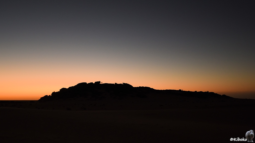 Das Bild zeigt einen felsigen Hügel in der Wüste nach Sonnenuntergang. Die Silhouette hebt sich gegen den orangen Schein am Horizont ab. Der Himmel geht von Orange in ein sehr dunkles Blau über.