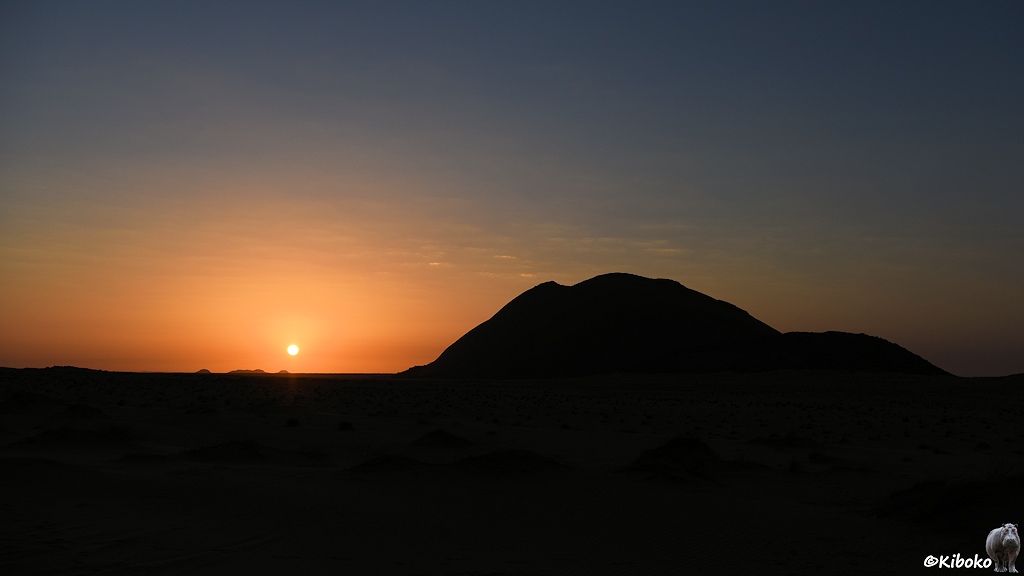 Das Bild zeigt den Sonnenaufgang in der Wüste. Rechts ist ein Berg. Berg und Wüste sind schwarz. Der Himmel ist unten orange und geht noch oben in ein sehr dunkles Blau über.