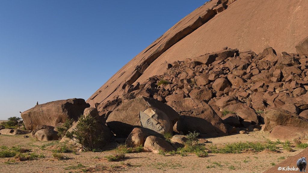 Das Bild zeigt den Rand eines rotbraunen Berges mit den runtergerollten Felsbrocken. Auf einem größeren Felsbrocken ist ein Gesicht eingemeißelt.