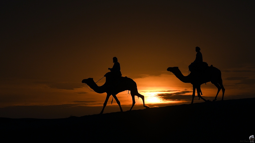 Das Bild zeigt die Silhouetten von drei Reitern auf Kamelen gegen die aufgehende Sonne.