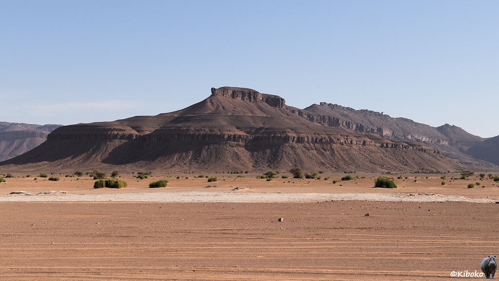 Das Bild zeigt eine Bergkette aus dunklem Gestein mit zwei steilen Felskanten. Im Vordergrund ist eine Schotterebene aus feinem rotbraunem Schotter, eine heller Streifen und dahinter eine hellbraune Ebene mit einzelnen Büschen.