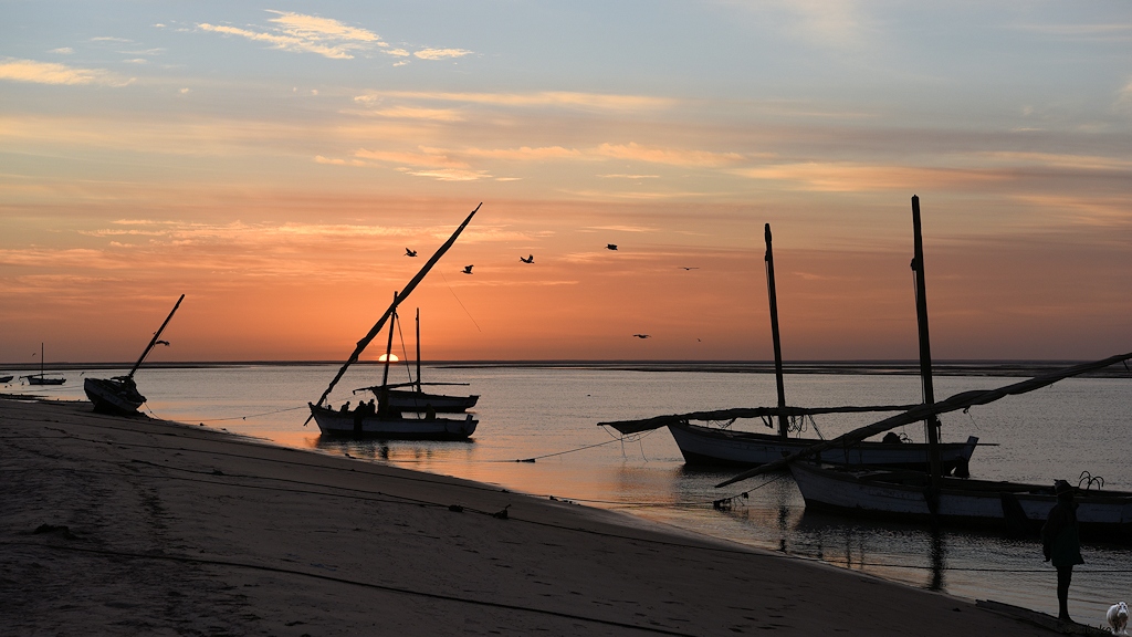 Das Bild zeigt einen Strand gegen die aufgehende Sonne. Kleine Fischerboote mit einem Mast und zusammengerollten Segeln liegen in Strandnähe. Die Sonne schaut mit den oberen Rand gerade über den Horizont. Vier Pelikane fliegen über der Sonne druch den orangfarbenen Himmel.