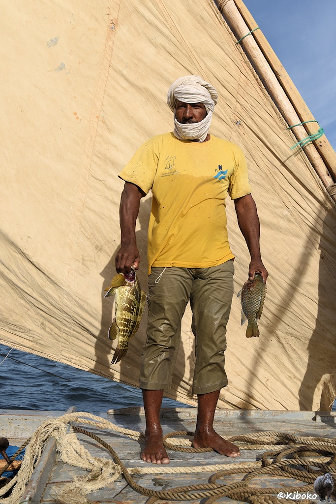 Das Bild zeigt einen barfüßigen Mann mit gelbem T-Shirt beigefarbener Hose und weißem Turban auf einem Segelboot stehen. Hinter ihm ist das beigefarbene Segel aufgespannt. In jeder Hand hält er einen großen Fisch.