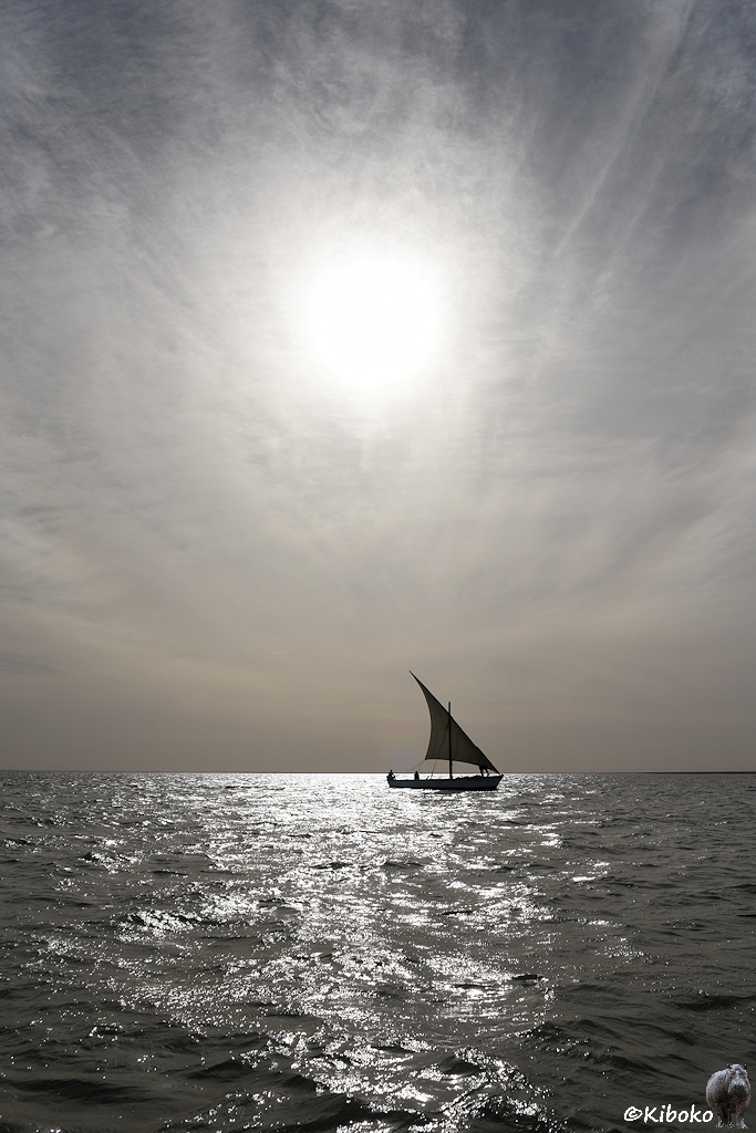 Das Bild zeigt eine Hochformataufnahme eines traditionellen Segelboots im Gegenlicht. Der Horizont ist auf einem Drittel der Bildhöhe. Das Boot ist eine Silhouette auf dem weiß glitzernden Meer. Darüber ist scheint eine helle Sonne von hoch oben durch Schleierwolken.