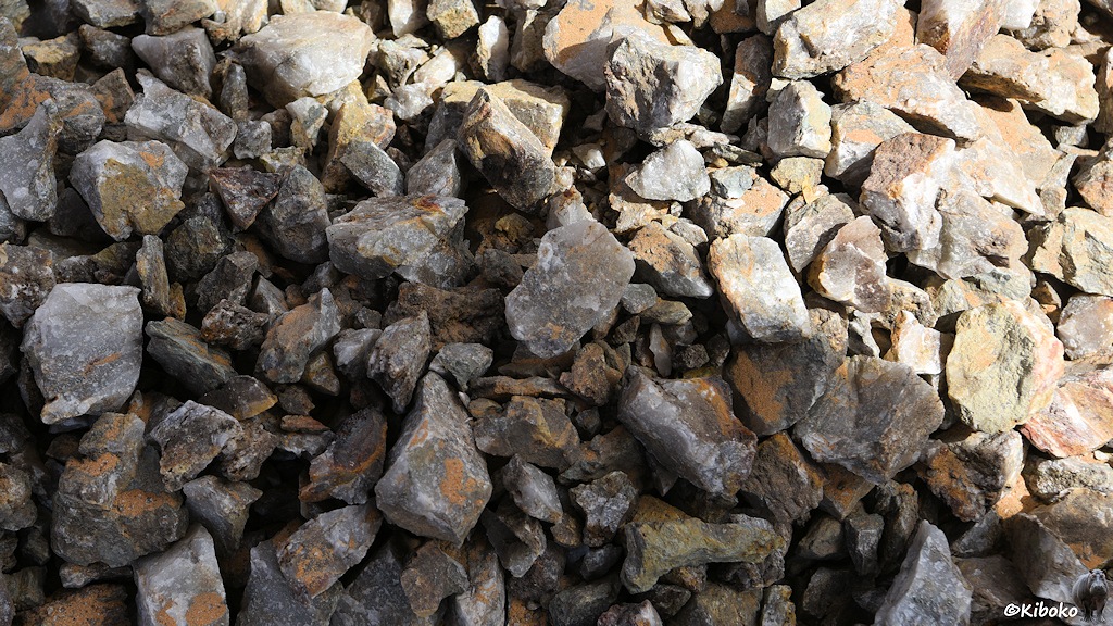 Das Bild zeigt graue, spitzkantige, handtellergroße Steine. Die Steine sind von weißen Linien durchzogen und haben orangene und blassgelbe Flächen.