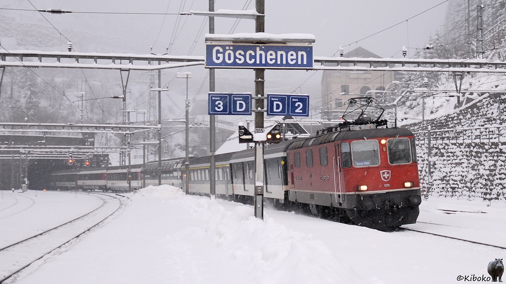 Das Bild zeigt einen Personenzug aus grün-weißen und grau-weißen Personenwagen bei der Ausfahrt aus einem Tunnel. Im Vordergrund steht das Bahnhofsshild von Göschenen.